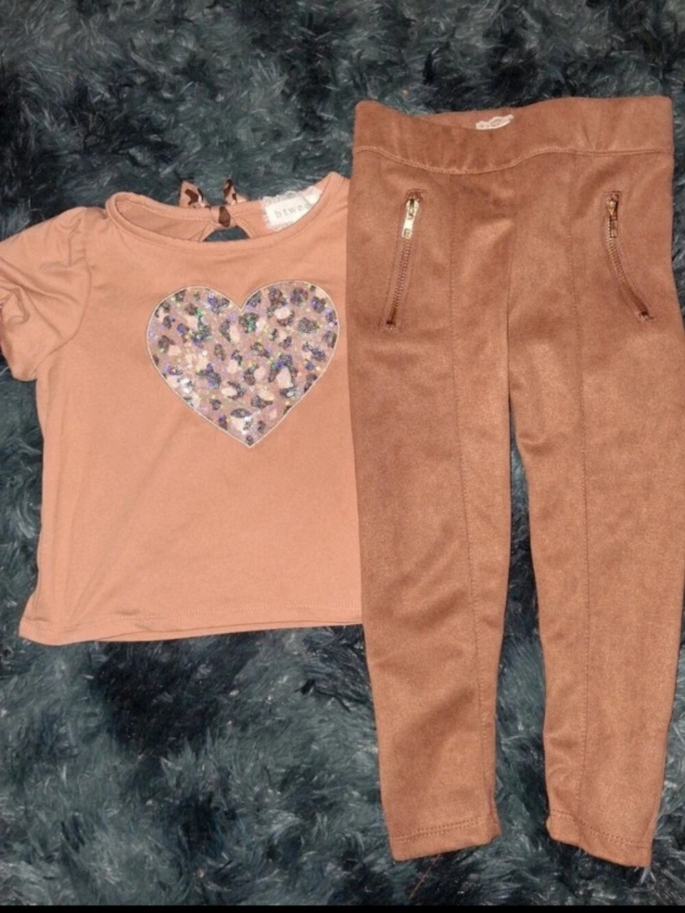 btween Tan Heart Sequin Top & Suede-Look Leggings Set